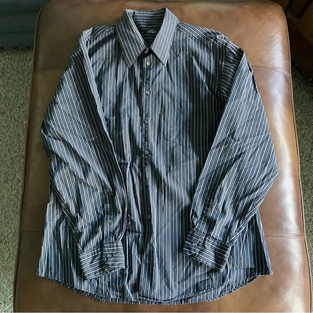 ALFANI Men's Fitted Dress Shirt Black Striped 100% Cotton Size 16 1/2  34-35